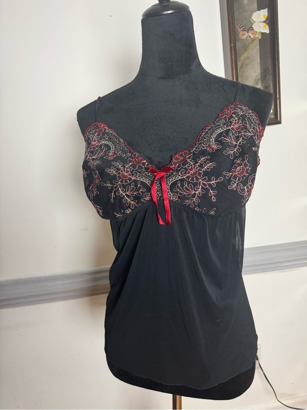 Cacique Black Chemise with Red Floral Embroidered Cups